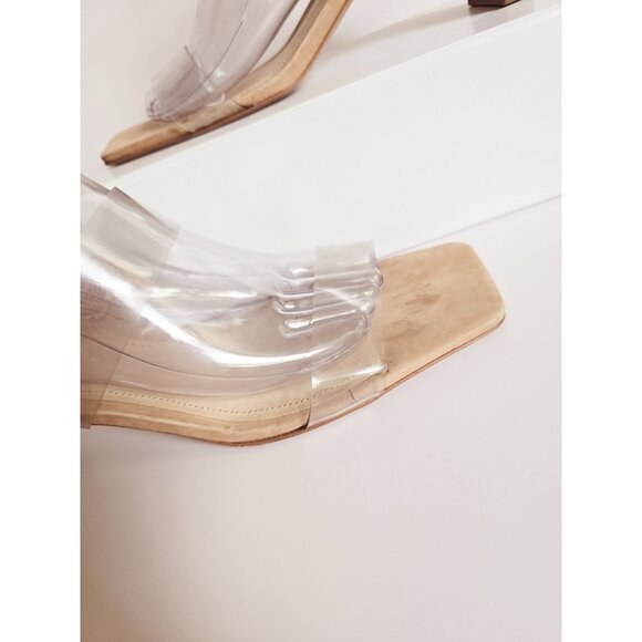 Schutz Taina Honey Beige Clear Backless Open Square Toe Heels Sandals 9 - Picture 2 of 13